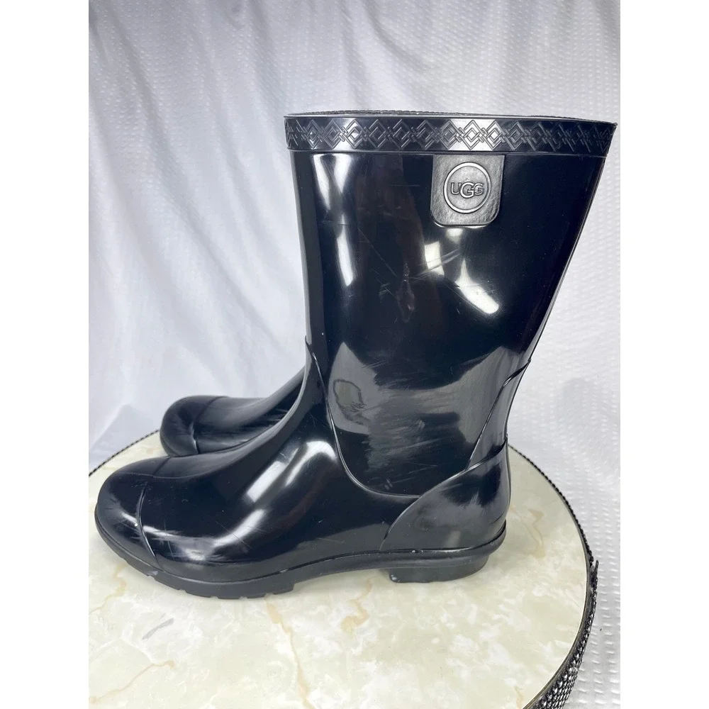 UGG Shaye Glossy Waterproof Rain Boots Womens 8 Black Rubber Outdoor Winter Shoe